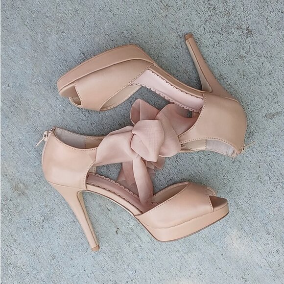 Shoedazzle Madison Tan Brown Bow Ankle Strap Peep Toe Platform High Heel Shoes - Picture 2 of 6